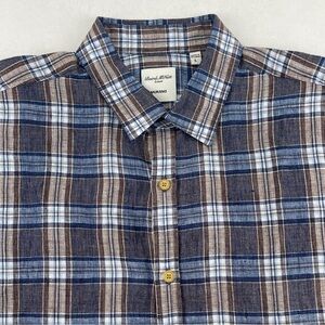 Murano Baird McNutt Linen Shirt Mens Large Brown Plaid Short Sleeve Button Up